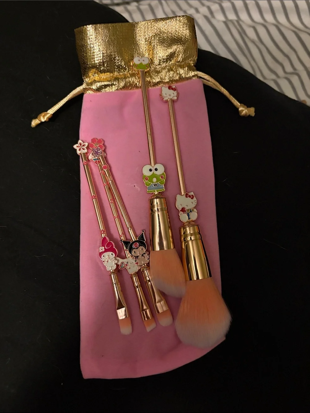 Kids Character Makeup Brush Set with Pink Gold Pouch - Cute Cartoon Handles